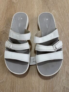 Clarks White Triple-Strap Slide Sandals